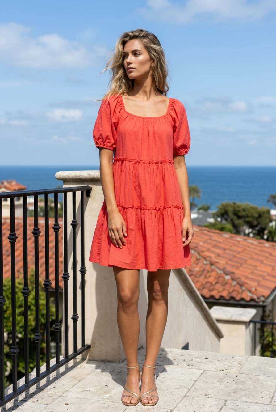 NWT Antonio Melani Coral Cotton Puff Sleeve Tiered Dress Size S